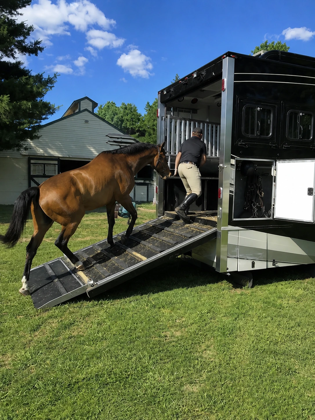 Horse entering a large transport vehicle