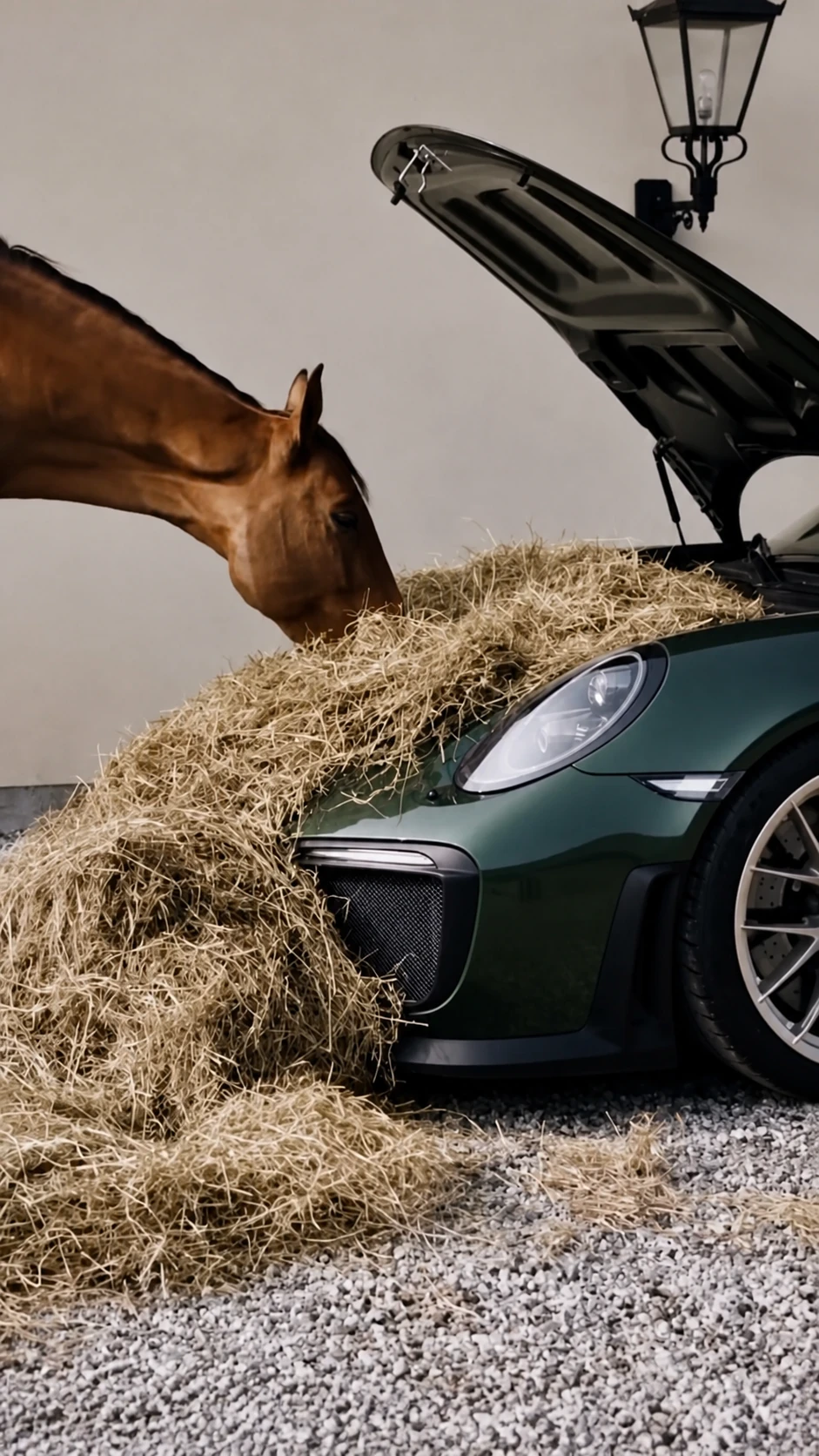 Horse beside a hay-covered premium vehicle