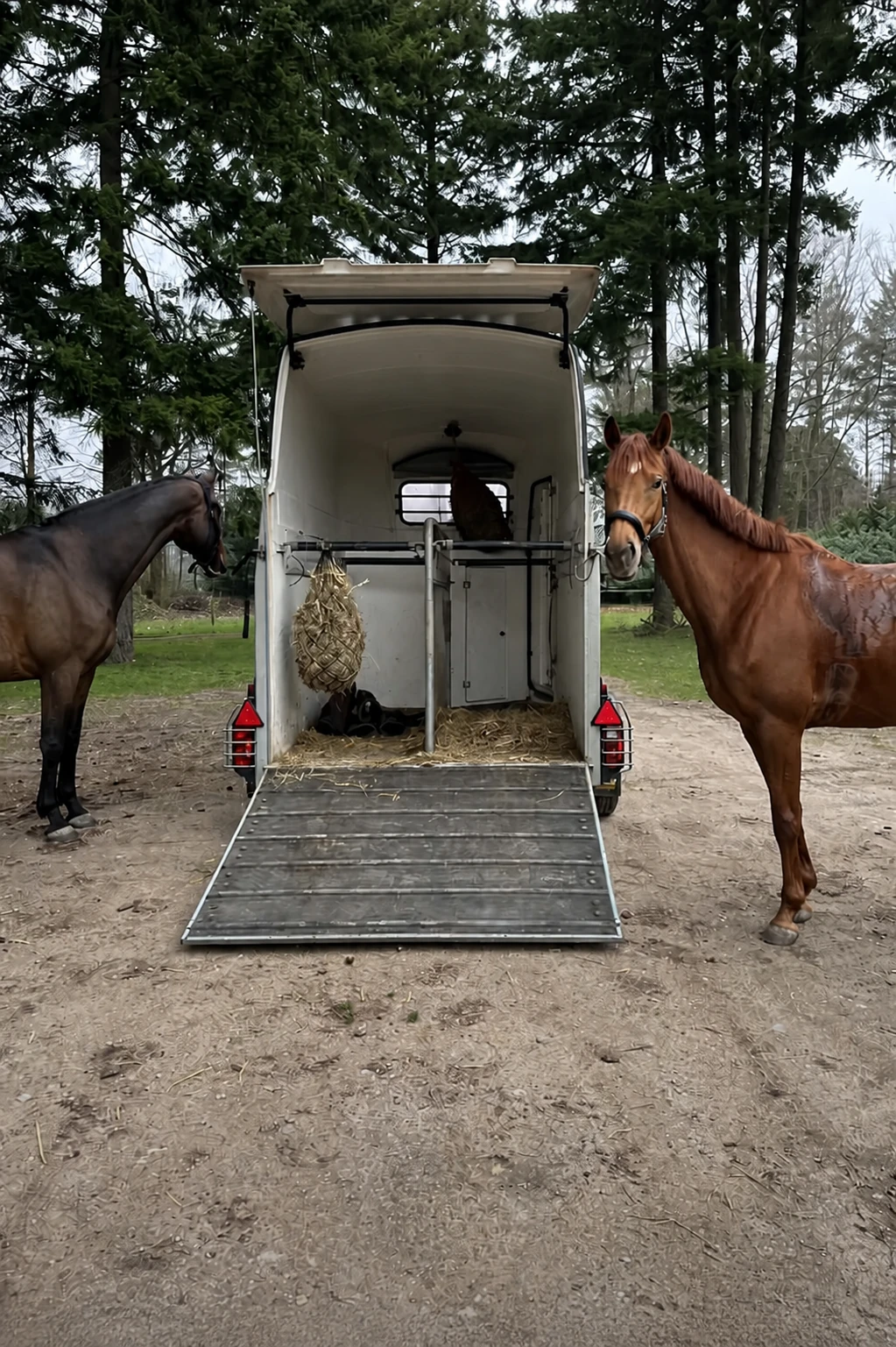 Horse trailer with its loading ramp open